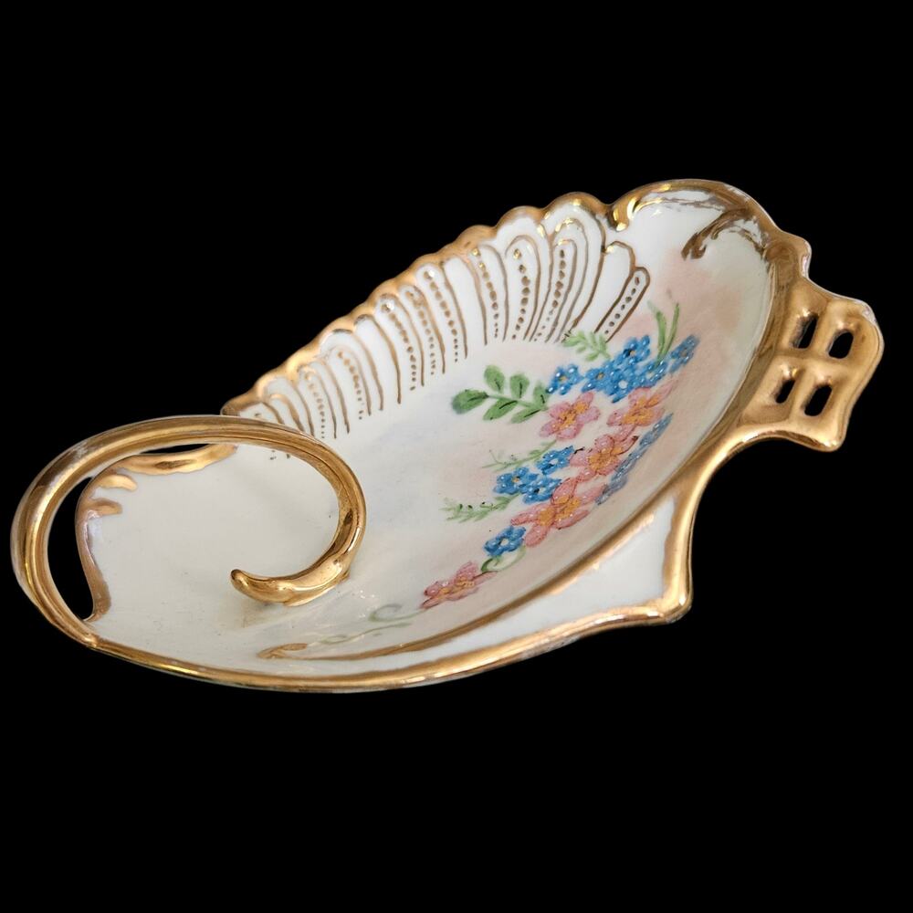 Vintage Porcelain Ring Holder Trinket Dish Floral Gold Gilt Signed B Davis